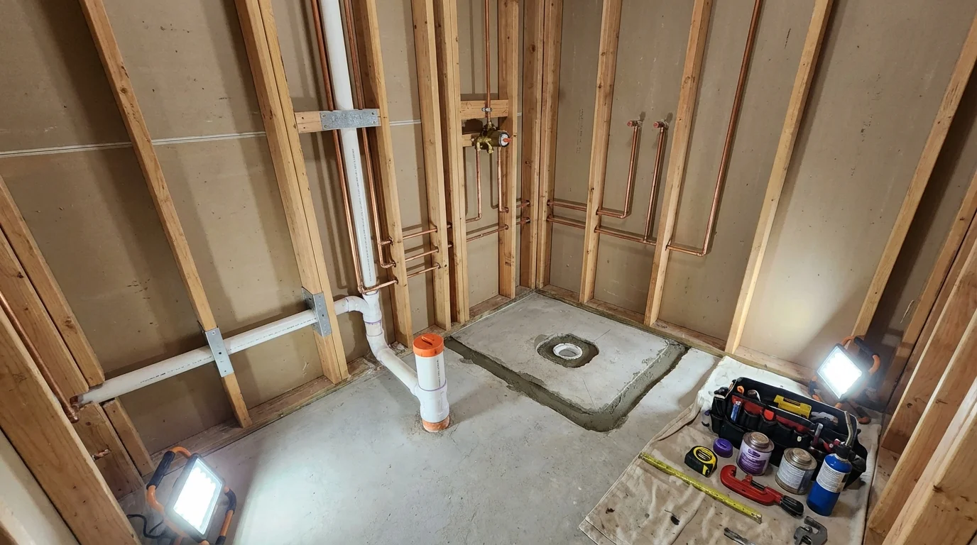 Bathroom rough-in plumbing during remodel by Johns Plumbing LLC in Inwood