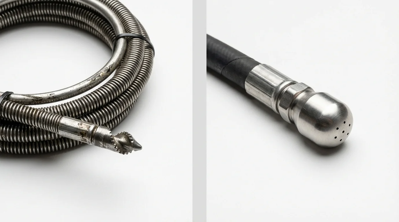 Drain snake cable and hydro jetting nozzle used for drain cleaning in Inwood, NY