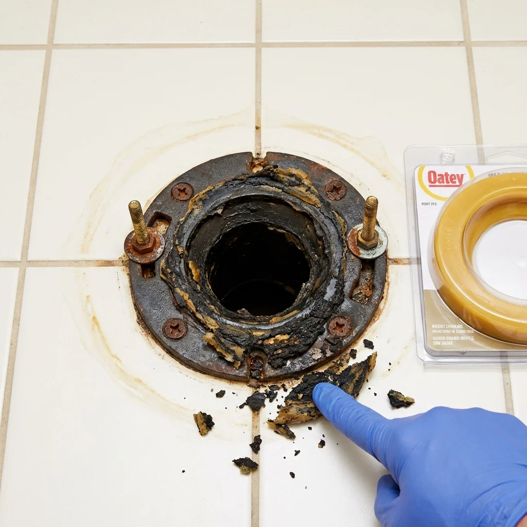 Failed wax ring showing water seepage at the base of a toilet in a Inwood, NY home