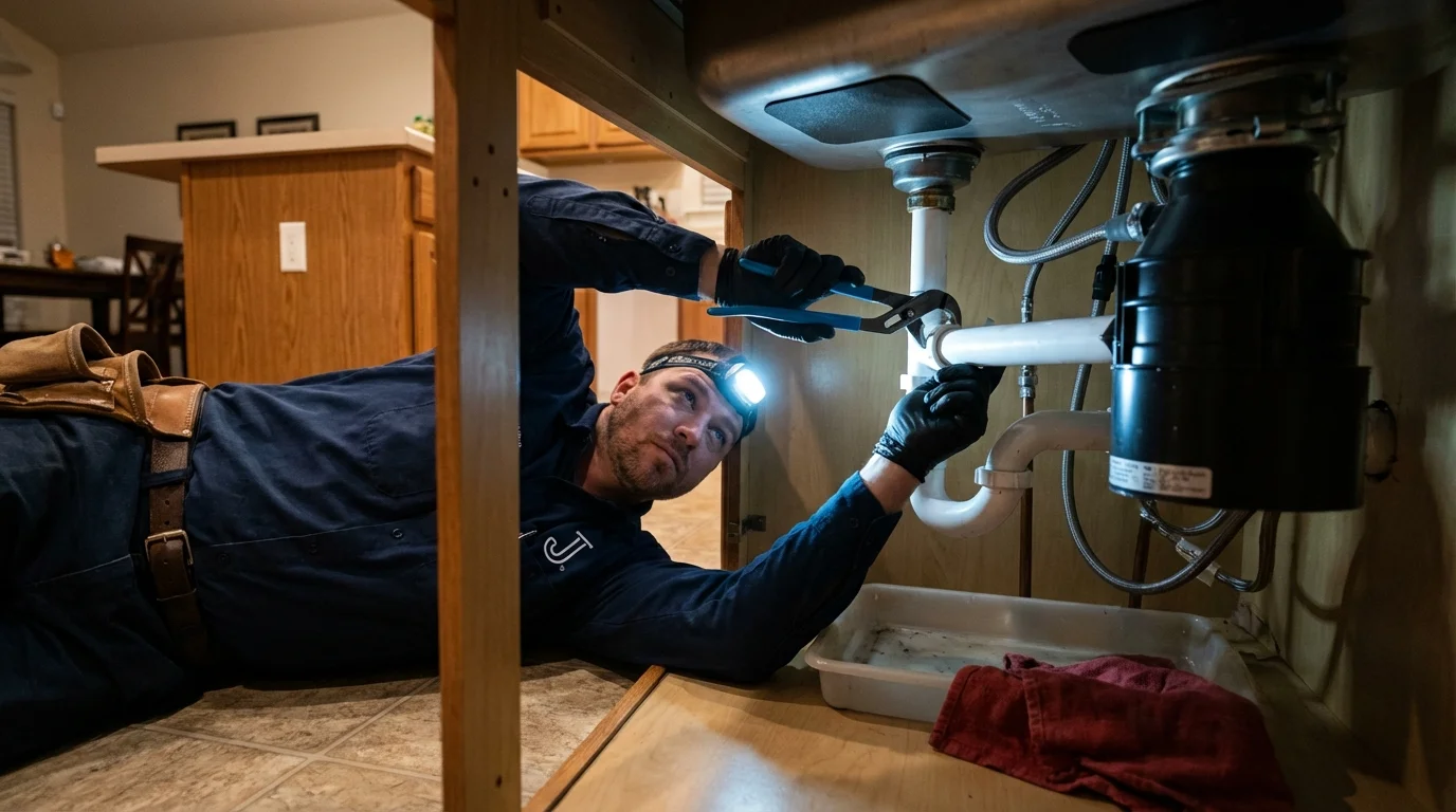 P-trap and supply line connections under a kitchen sink showing a common leak point in Inwood, NY